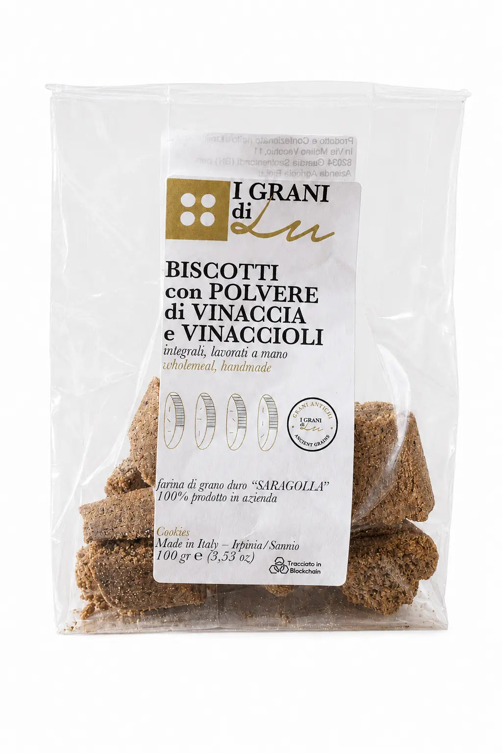 Confezione di biscotti integrali con polvere di vinaccia e vinaccioli I Grani di Lu, lavorati a mano.
