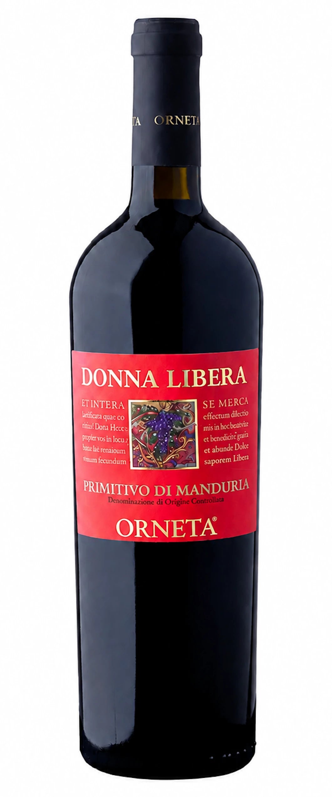 Bottiglia di vino rosso Donna Libera Primitivo di Manduria DOC Orneta su fondo bianco