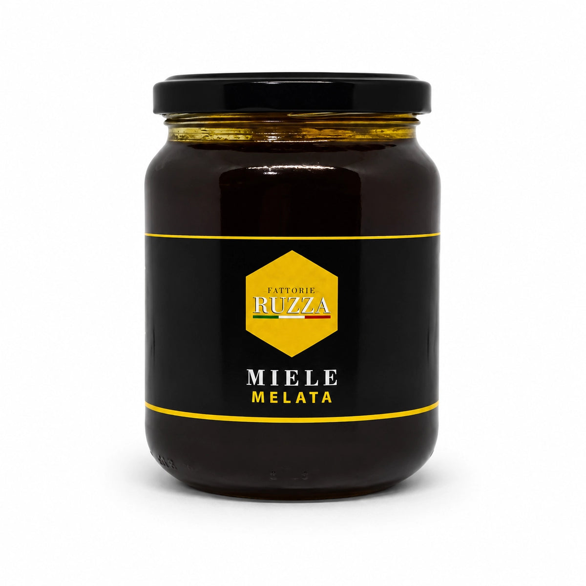 Miele di melata Fattorie Ruzza in vaso di vetro con etichetta nera e dettagli gialli.