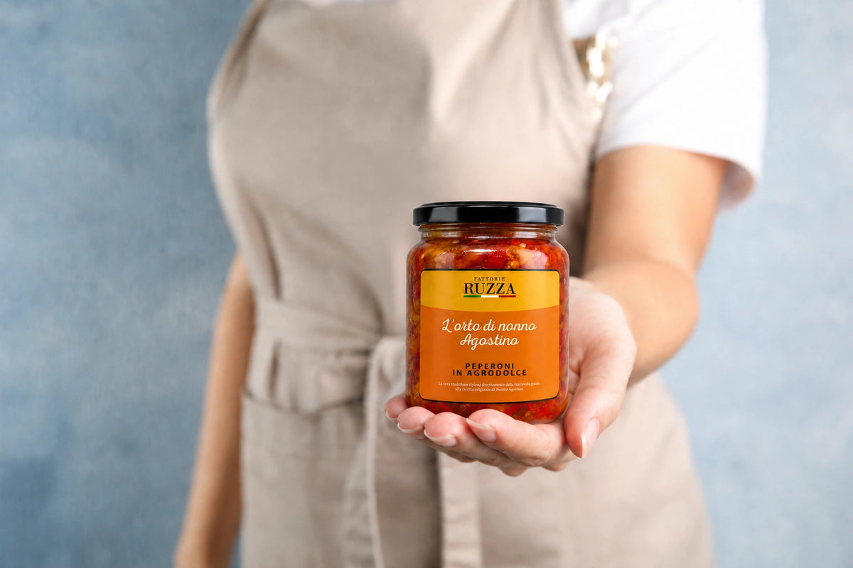 Persona con grembiule che presenta un vasetto di peperoni in agrodolce Fattorie Ruzza.