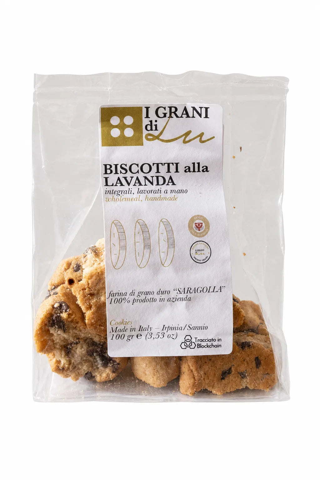 Confezione di biscotti integrali alla lavanda I Grani di Lu, preparati con farina di grano duro Saragolla, su fondo bianco