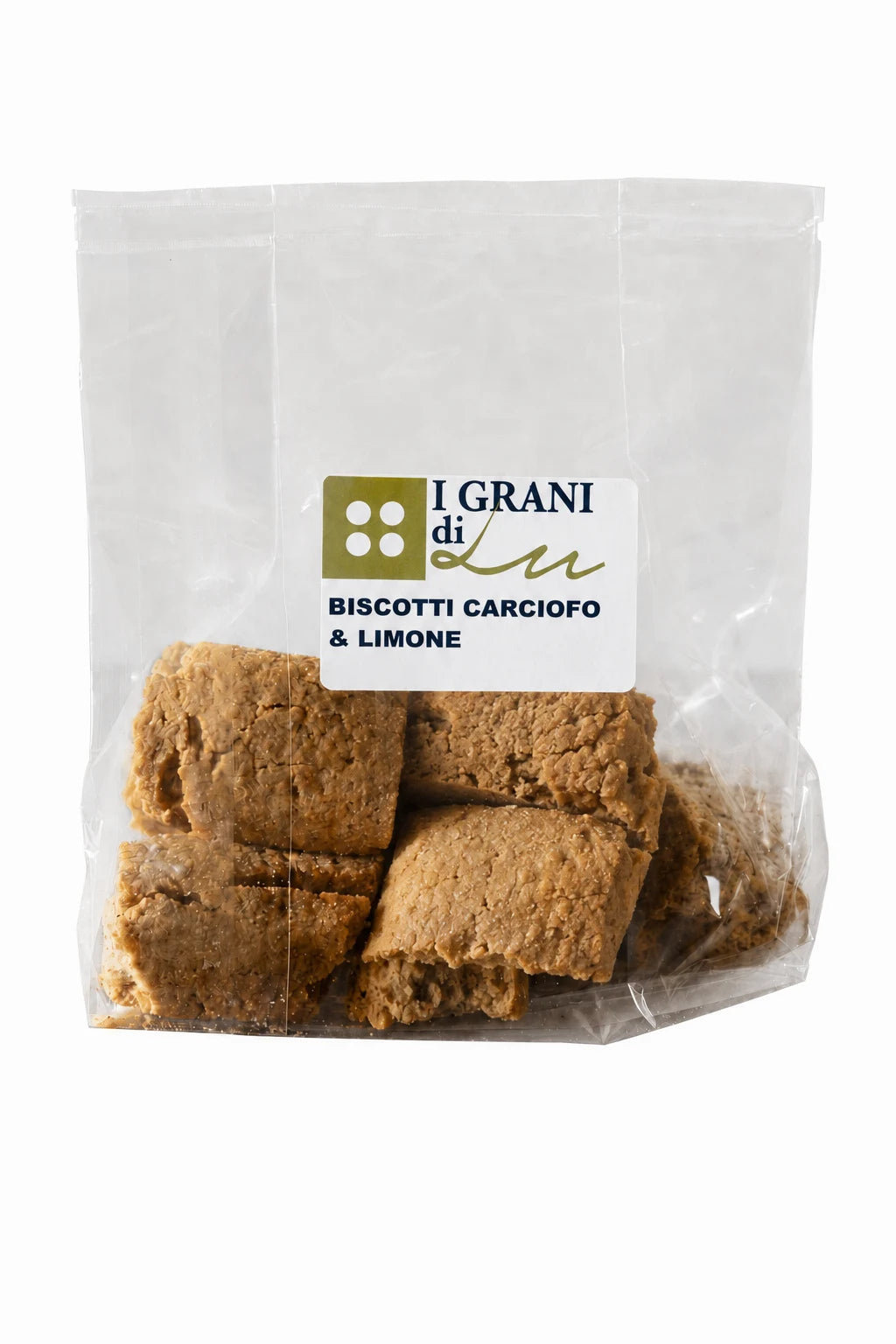 Confezione di biscotti al carciofo e limone I Grani di Lu dell’Azienda Agricola BioLu.
