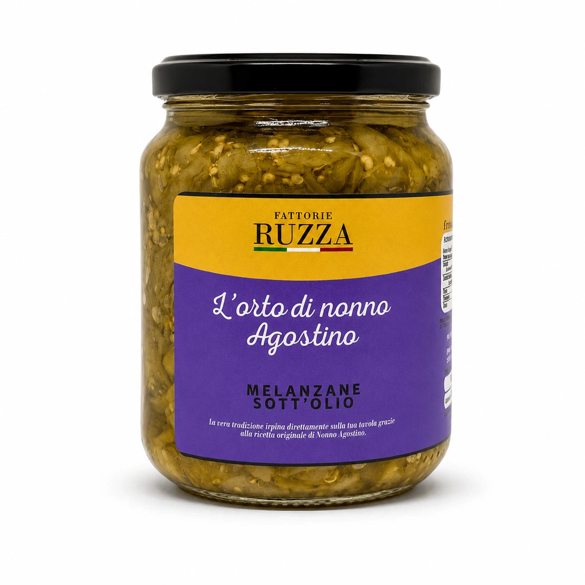 Melanzane sott'olio Fattorie Ruzza "L'Orto di Nonno Agostino", conserva artigianale in vaso di vetro.