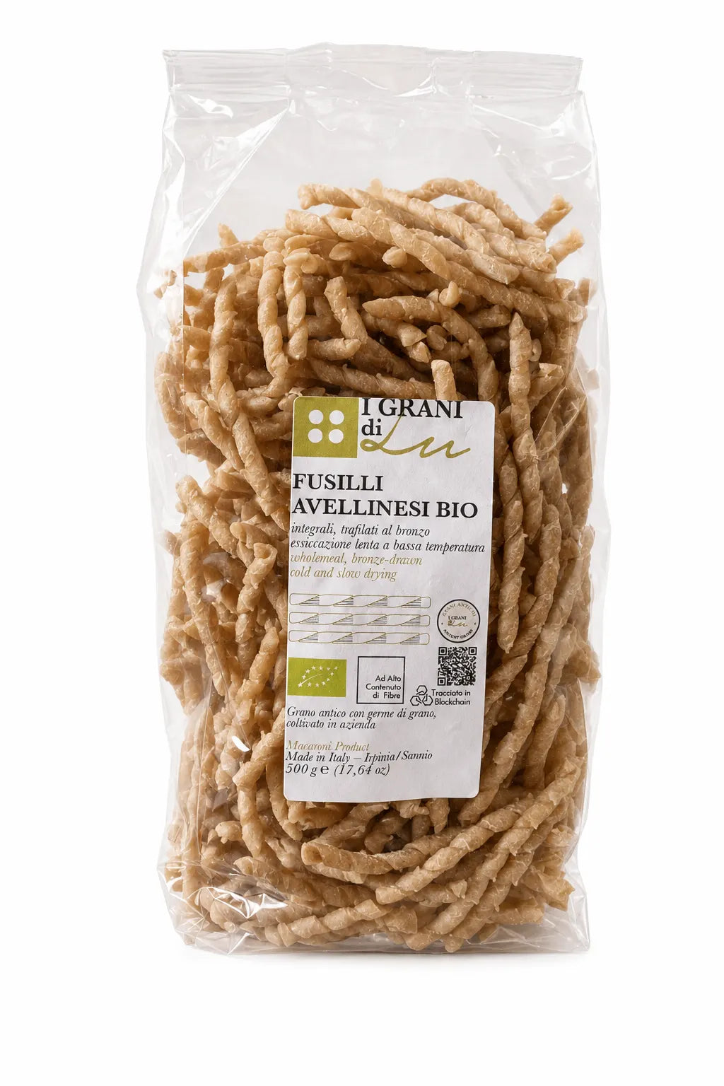 Confezione di Fusilli Avellinesi Bio integrali I Grani di Lu, trafilati al bronzo e a lenta essiccazione, su fondo bianco.