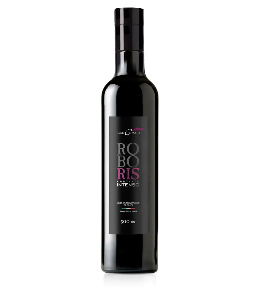 Bottiglia di Roboris olio extravergine di oliva fruttato intenso San Comaio 500 ml