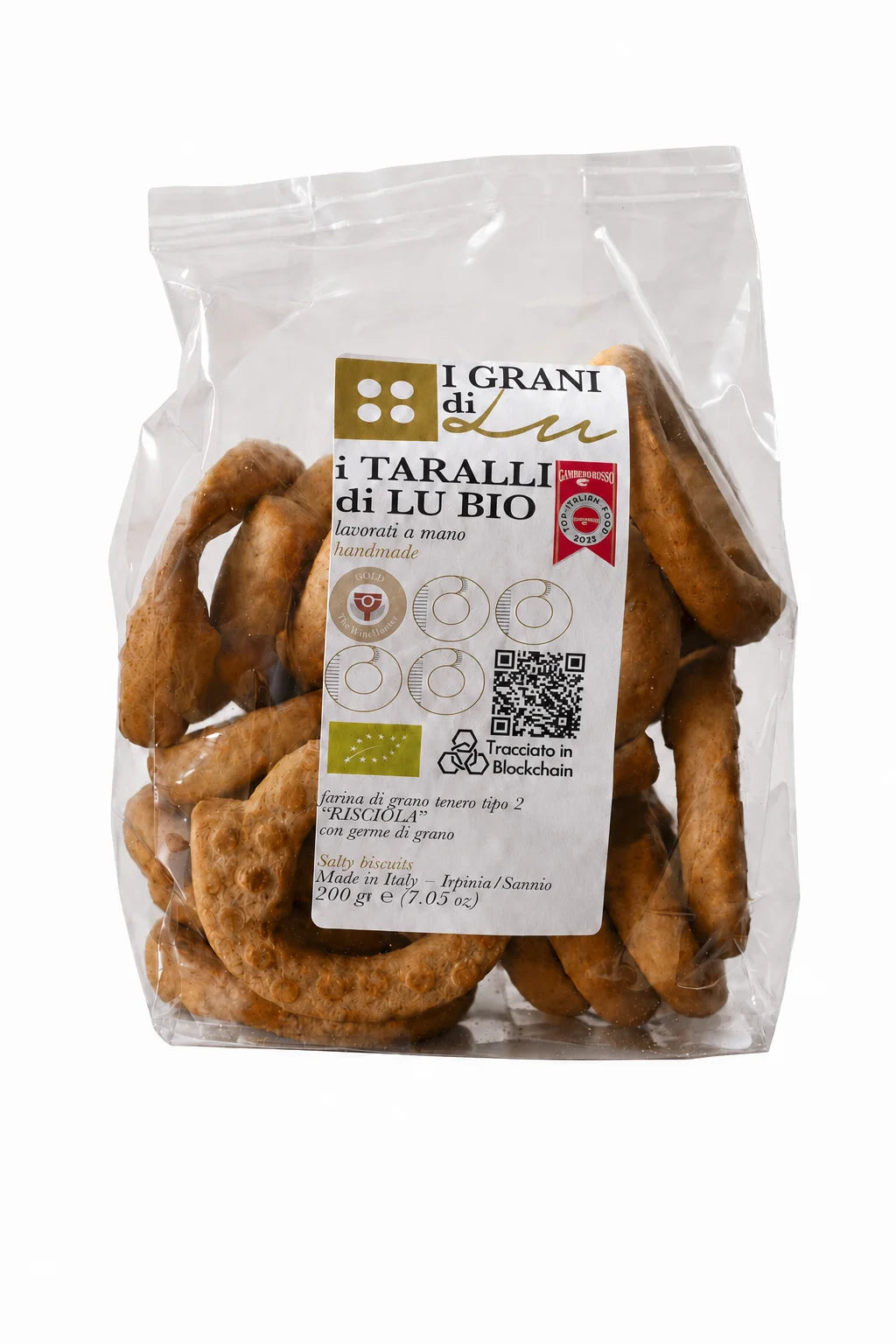 Confezione di Taralli di Lu Bio lavorati a mano con farina di grano Risciola dell’Azienda Agricola BioLu.