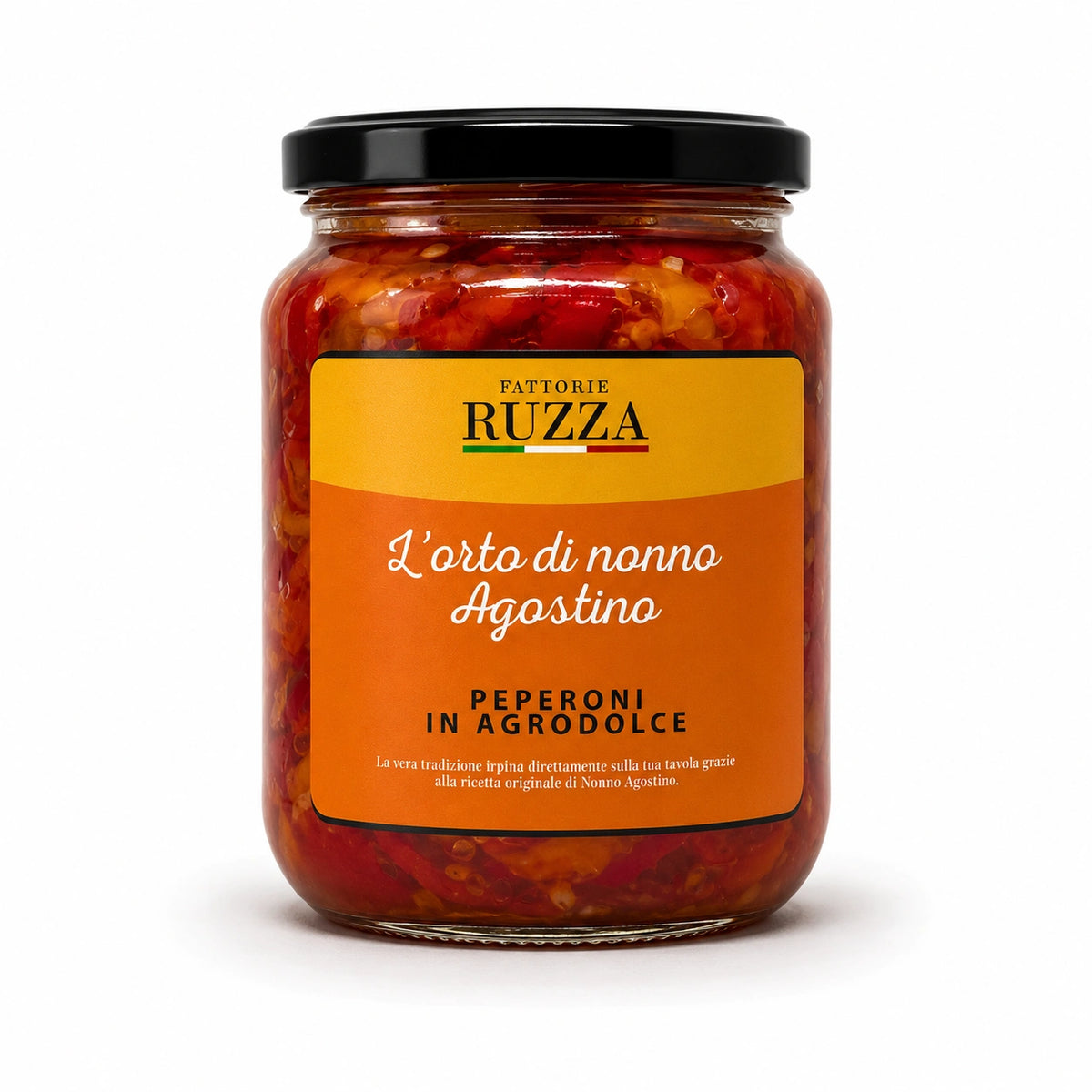 Peperoni in agrodolce Fattorie Ruzza "L'Orto di Nonno Agostino", conserva artigianale in vaso di vetro.